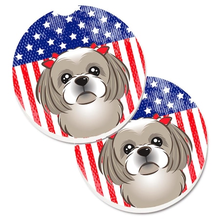 Carolines Treasures American Flag and Grey Silver Shih Tzu Set of 2 Cup Holder Car Coaster BB2180CARC